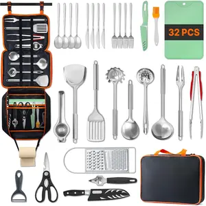 Portable Camping Cooking Utensils Set, Camp Kitchen Set with Organizer Bag, RV Outdoor Cooking Utensil Kit for Travel, Picnics, Camping, BBQs, Parties