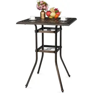 summervibes Cast Aluminum Patio Bar Table, 42" Height High Top Outdoor Bar Table with Umbrella Hole, Pub Height Bistro Square Table for Paito Lawn Garden
