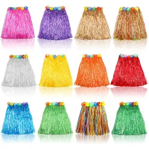 Grass Skirts for Kids-Hawaiian Luau Hula Skirts for Party, Birthday, Celebration - Elastic with Hibiscus Flowers - Party Decorations Favors Supplies - 12 Pack