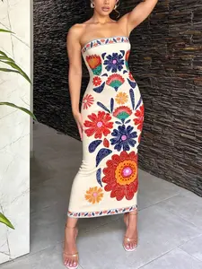 1 Piece Women's Summer Boho Floral Strapless Midi Dress, Colorful Print Bodycon Vacation Outfit