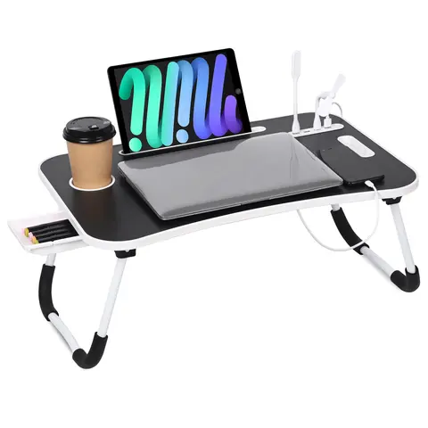 Durable Modern Portable Computer Desk (23.6x15.7x10.6 in, 17" laptop fit) - Foldable Wood Frame Tray with Metal Legs, Curved Edge, Nonslip Pads, Storage Drawer, Phone/Book Slot, 4 USB Ports, Cup-Holder Ease, USB Fan & Lamp for Bed, Sofa