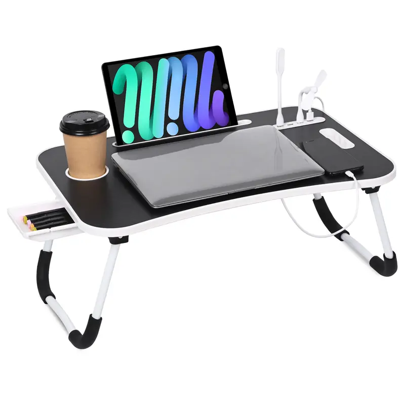 Durable Modern Portable Computer Desk (23.6x15.7x10.6 in, 17" laptop fit) - Foldable Wood Frame Tray with Metal Legs, Curved Edge, Nonslip Pads, Storage Drawer, Phone/Book Slot, 4 USB Ports, Cup-Holder Ease, USB Fan & Lamp for Bed, Sofa