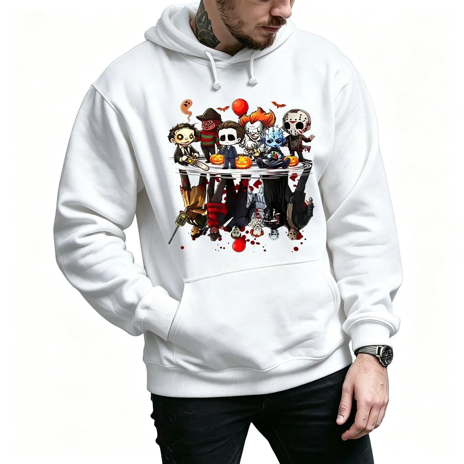 Men's Sports Hoodie Horror Movie Characters Halloween Design Spooky Season Matching Family Tops Horror Movie Fans Halloween Party Goers Gothic Style Lovers Film Buffs Casual Comfortable Athletic Wear Menswear Sweatshirts