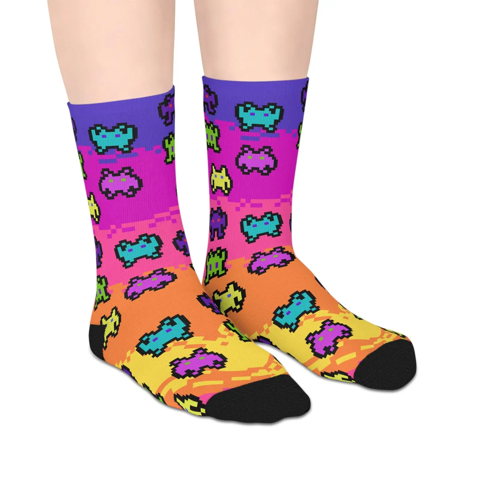 Gamer Crew Socks, Fun Video Game & Pixel Art Pattern Socks, Cozy Gaming Novelty Socks, Unisex Crew Socks for Men & Women, Birthday Gift for Gamers