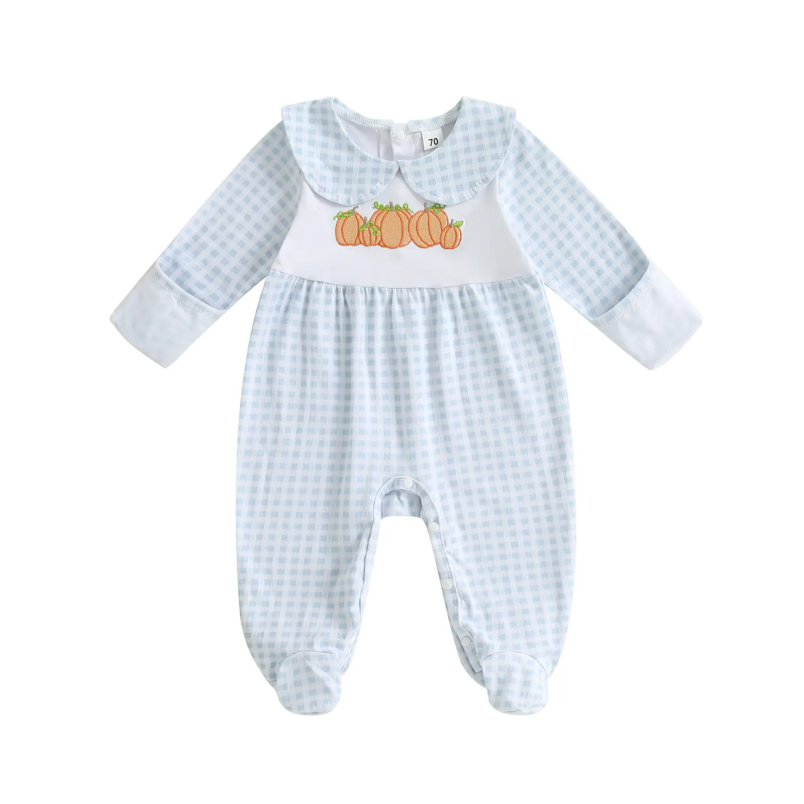 My First Halloween Baby Girl Boy Pumpkin Embroidery Footie Pajamas Romper Checkered Jumpsuit Newborn Coming Home Outfit