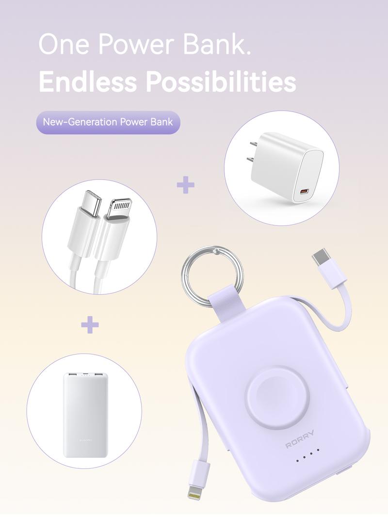 RORRY Mini Portable Power Bank 5000mAh USB Type-C Charger with Built-in Cable & Keychain for Apple Watch iPhone 17-12 Series Compact Travel-Friendly Design PerfectGift