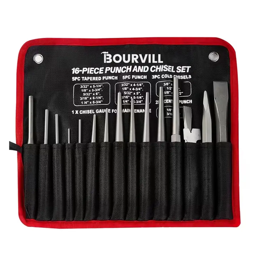 16-Piece Punch and Chisel Set with Storage Pouch, Including Taper Punch, Cold Chisels, Pin, Center Punch, Chrome Vanadium Steel