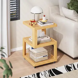 3-Tier Wooden End Table With Wheels Natural Finish Solid Wood Mobile Side Table For Books Snacks Decorative Accents