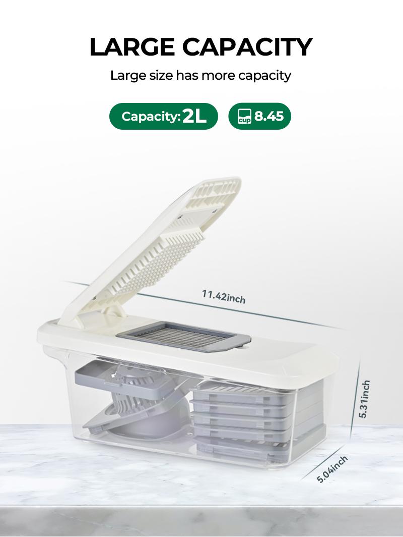 Simplify meal prep with our 8-piece multifunctional chopper set. It features a slicer and container for an efficient, all-in-one kitchen solution.