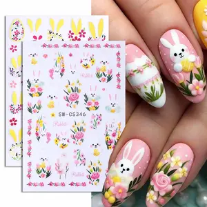2 Pcs Cute Bunny Flower Nail Art Stickers, Easter Egg Spring Floral Design, DIY Manicure Decals for Women and Girls, Holiday Decoration, Nail Art Sheet