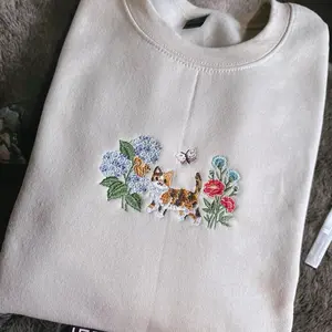 Kitty Cat Spring Scene Embroidered Gildan Crewneck Sweatshirt