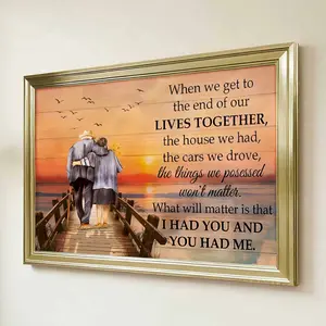 1pc Framed Gold Frame Romantic Inspirational Quote Art Print With Couple On Dock At Sunset Canvas Art Print For Living Room Bedroom And Hallway Decor + Emotional Connection And Timeless Love Message