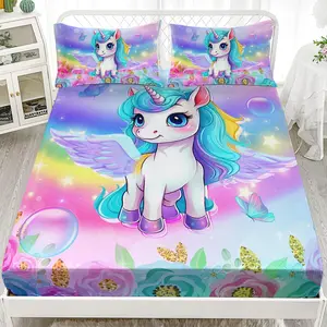 Unicorn Fitted Sheet Set  Size Rainbow Flower Star Pattern  Bed Sheet Cute Unicorn Butterfly Bedding Set for Boys Girls Includes 1 Fitted Sheets & 2 Pillowcases No Flat Sheet