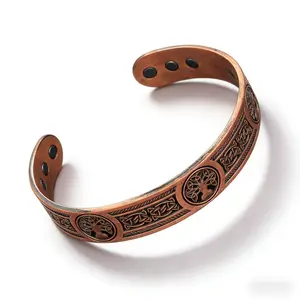 Vintage brass men's bracelet with a life tree pattern engraved; open design with adjustable size; couple jewelry with a simple retro design; Valentine's gift.