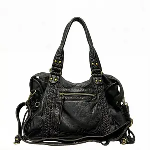 Ladies' fashion Y2K hot girl used motorcycle tote bag, large capacity retro washed vegan leather shoulder bag, street punk city bag suitable for daily use, is a very complete holiday gift