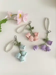 Cute Girl Pearl Keychain Korean Style Creative Chain Crochet Bluebell Flower Keychain Bag Charm