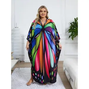 [Plus Size] Butterfly/Feather Print Ruched Split Hem Tunic Dress, Elegant Batwing Sleeve V Neck Long Dress for Summer, Women's Clothes for Beach Holiday Vacation