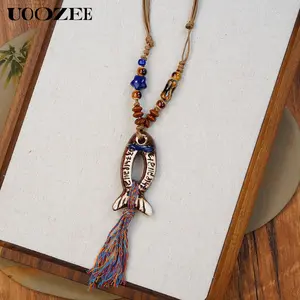 UOOZEE Women's Fashion Handmade Ceramic Fish or Butterfly Tassel Adjustable Cord Necklace Long Wool Necklace(Only), Boho Hand-Glazed Porcelain Pendant Jewelry, Vintage Style Necklace