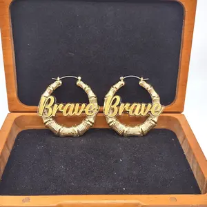 Custom Name and Clear Background Gold Bamboo Hoop Earrings hoop  earrings