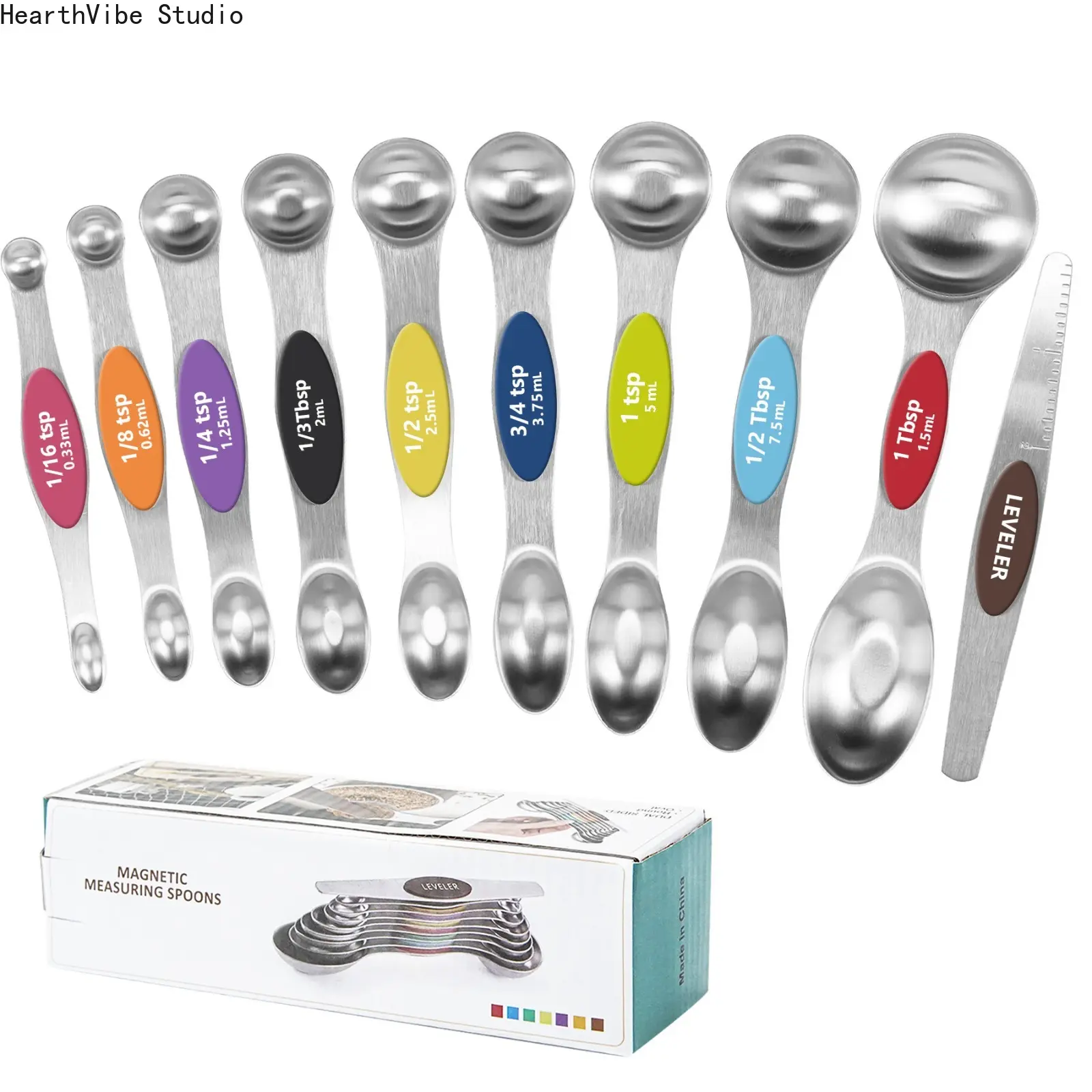 9-Piece Thick Magnetic Stainless Steel Kitchen Measuring Spoons Set - Ndfeb Magnets, Double-Sided Heavy Duty Metal Utensils, Laser Engraved Markings, Leveler, Round & Oval Scoops, Nesting Design, Spice & Teaspoon Use for Camping