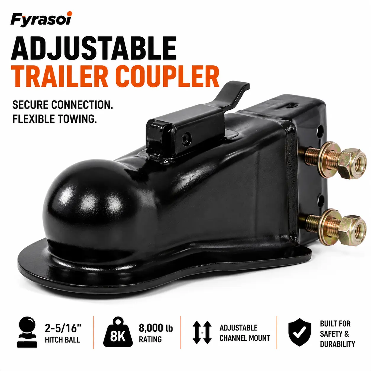 Fyrasol Adjustable Trailer Coupler, 2-5/16 Inch 360° Sleeve-Lock Towing Hitch, 8,000 lb Rated Heavy-Duty Steel Channel Mount Coupler with Black E-Coat, Quick Latch for Boat, RV, Camper, Utility, ATV Trailers and Truck Towing