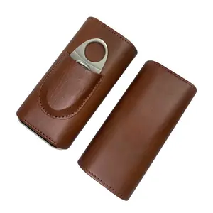 Portable 3-finger Cigar Box with Silver Stainless Steel Cutter, PU Leather Cigar Case, Cedar Wood Lined Cigar Humidor, Gift for Him