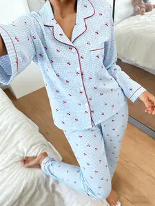Women's Long Sleeve Pyjama Set, Blue Plaid Cherry Full Print, Soft Breathable Home Wear, Casual Loose Fit, All Seasons