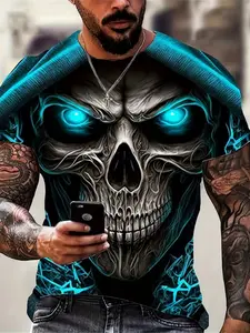 Men's 3D Skull Print Fitted T-Shirt, Creative Blue Eyes Short Sleeve Round Neck, Lightweight Polyester, Perfect for Halloween, Gothic & Streetwear Fashion Lovers