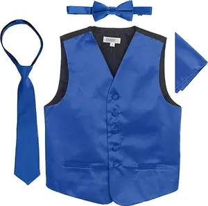 Four Piece Satin Formal Vest Set - Vest, Bow tie, Tie, Pocket Square- Royal Blue