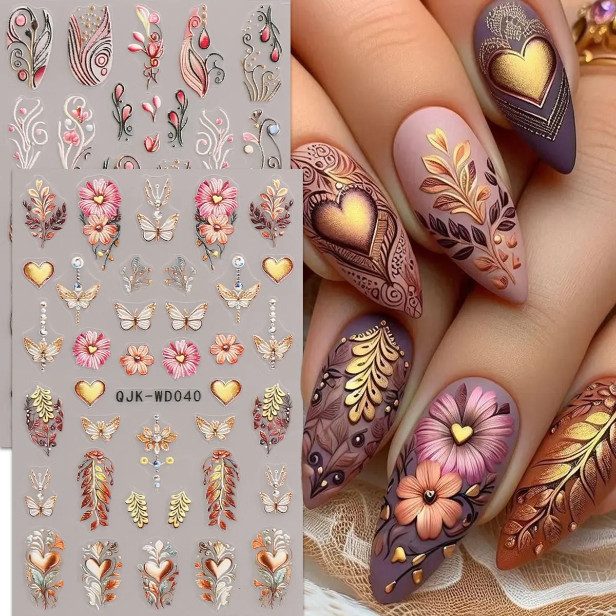 2pcs Boho Floral Nail Art Stickers, Flower Nails, Self-Adhesive Manicure Decals, 5D Embossed Design, Retro Bohemian Style, DIY Nail Decorations, Nail Decoration Supplies, Nail Art Designs, Nail Art Sheet