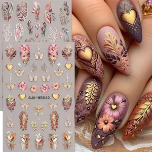 2pcs Boho Floral Nail Art Stickers, Flower Nails, Self-Adhesive Manicure Decals, 5D Embossed Design, Retro Bohemian Style, DIY Nail Decorations, Nail Art Sheet