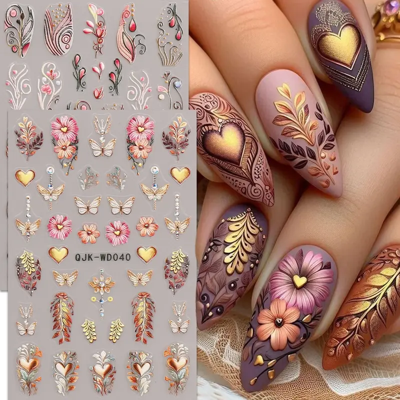 2pcs Boho Floral Nail Art Stickers, Flower Nails, Self-Adhesive Manicure Decals, 5D Embossed Design, Retro Bohemian Style, DIY Nail Decorations, Nail Decoration Supplies, Nail Art Designs, Nail Art Sheet, Nail Art Products