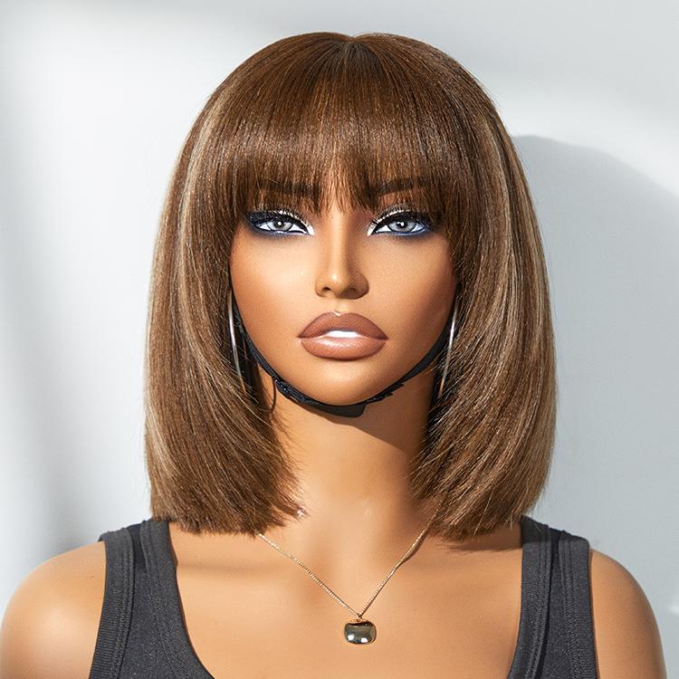 Exclusive Sale | Put On and Go Reddish Purple / Brown Highlight / Natural Black Layered Cut Yaki Straight Minimalist Lace Bob Wig with Bangs
