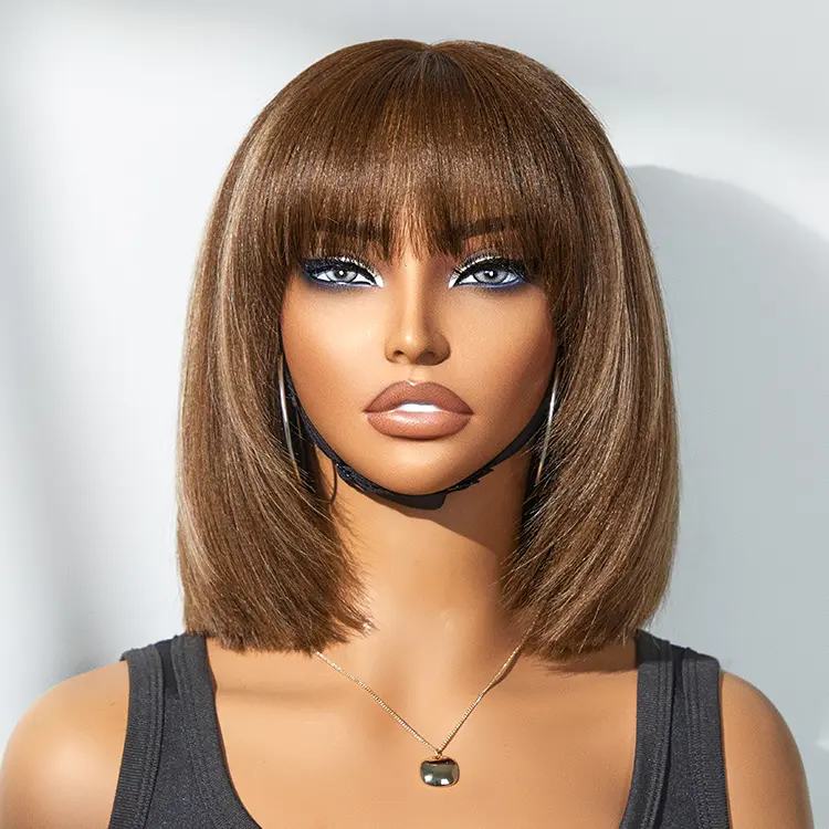 Exclusive Sale | Put On and Go Reddish Purple / Brown Highlight / Natural Black Layered Cut Yaki Straight Minimalist Lace Bob Wig with Bangs
