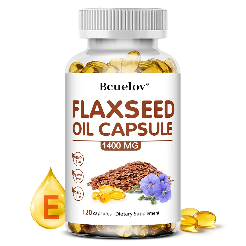 Bcuelov Organic Flaxseed Oil Dietary Supplement with Flax Seeds - Vitamin-Infused, Supports Heart Health, Brain & Nervous System Health, 120 Capsules, Acid