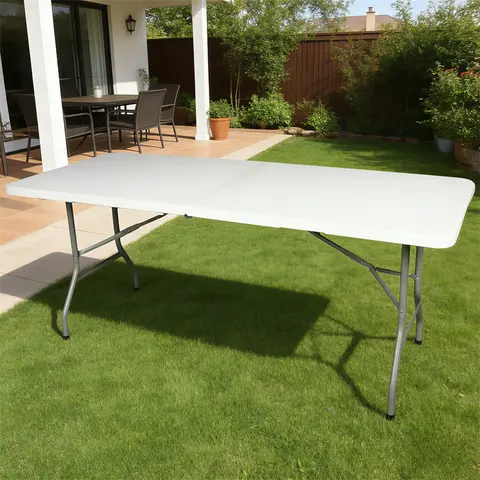 HDPE Heavy-Duty Foldable Plastic Rectangle Patio Table - 6FT Alloy Steel-Supported, Solid Surface, Portable, Car-Trunk Ready, Lock-in Stability, 350 lbs Capacity, Tailgating & Camping Use, 70.8" x 27.5" x 29.1" (Carrying Handle, Half-Fold Design)