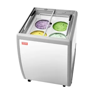 VEVOR Commercial Ice Cream Display Case, 5.6 Cu. ft Chest Freezer, Restaurant Gelato Dipping Cabinet Top Deep Freezer with Locking Casters, Sliding Glass Door, LED Lighting, Hold 4 Ice Cream Tubs
