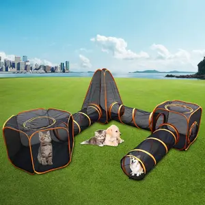 Outdoor Cat Enclosures 6-in-1 Portable Tent with Tunnel Portable Pop-Up Mesh Tents Collapsible Compound Pet Play House Playpen Play Tents for Outdoor Small Animals DIY in Multiple Ways