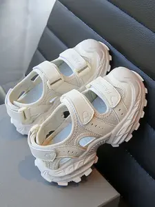 Hollow Out Mesh Sneakers, New 2026 Girls' Comfortable Soft Sole Velcro Sports Sandals, Summer Style, Casual PU Leather