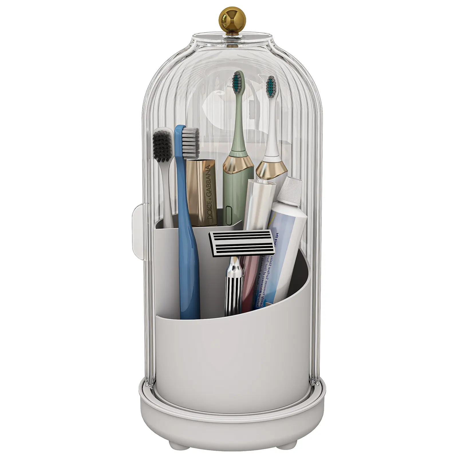 Drainable Toothbrush Holder, Dustproof Toothbrush Holders with Cover, Rotating Electric Toothbrush and Toothpaste Holder for Bathroom Countertop, 3 Slots Makeup Brushes Organizer
