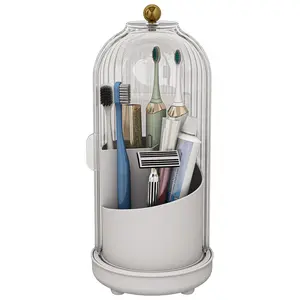 Drainable Toothbrush Holder, Dustproof Toothbrush Holders with Cover, Rotating Electric Toothbrush and Toothpaste Holder for Bathroom Countertop, 3 Slots Makeup Brushes Organizer