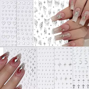 7 Sheets Metallic Mirror Silver Nail Stickers Art Women 3D Star Nail Stickers Decals for Self-Adhesive CharmsY2k Butterfly Nail Art Stickers