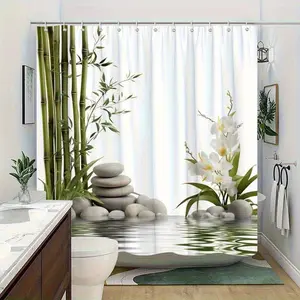 1pc Zen & Orchid Bath Curtain with White Stalks & Orchid Flowers - Reflective Water Surface & Pebble Design Durable Machine-Washable Suitable for Modern Zen Spa Bathrooms White Orchid Shower Curtain