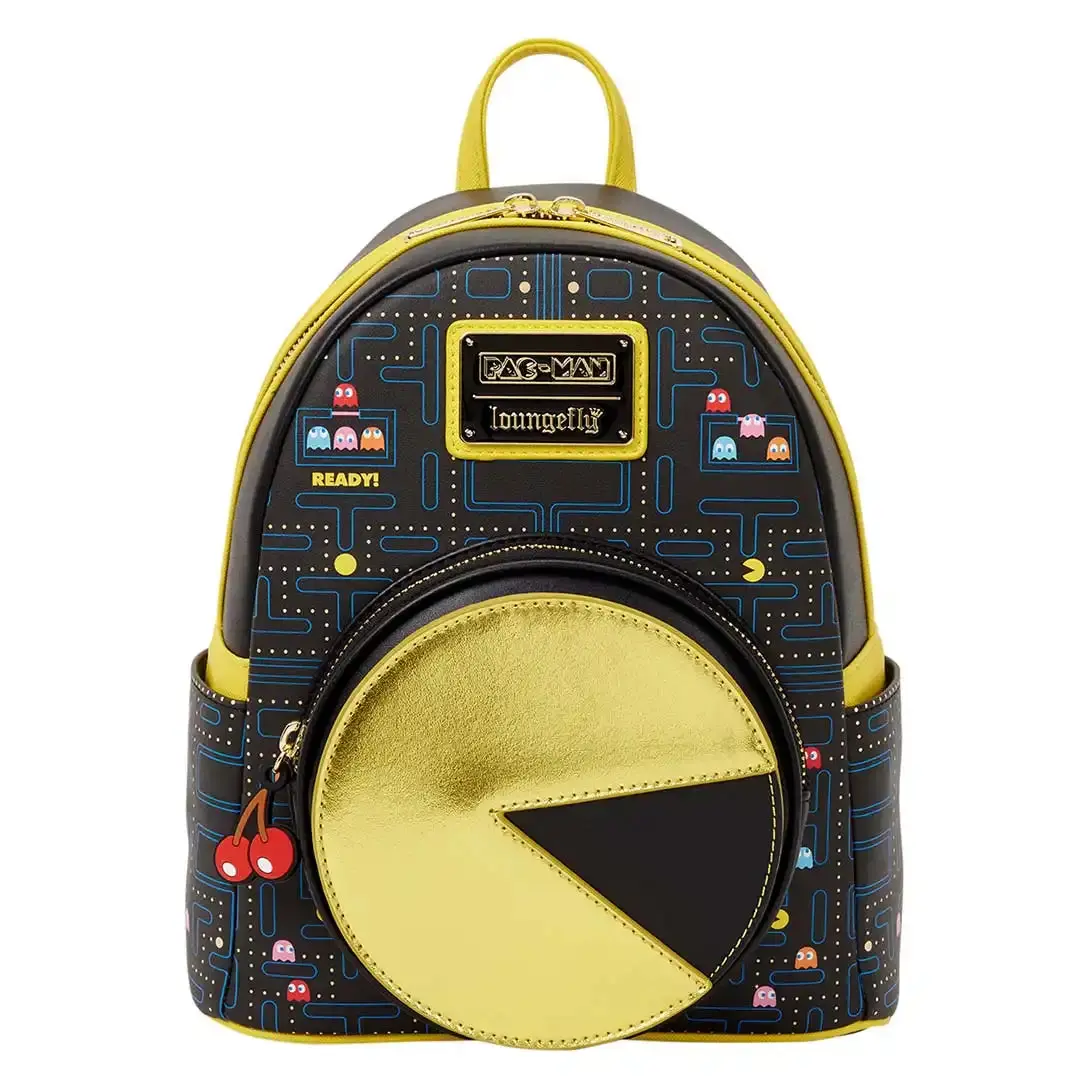 Loungefly Retro Games Pac-Man Metallic Cartoon Character Mini Backpack - 9” W X 10.5” H X 4.5” D, Collectibles, On The Road, Faux Leather, Maze, Game Print, Glow-In-Dark, Campus Life, Everyday Carry, Edc Gear, All Over Print, Applique Ghosts On Straps, Ca