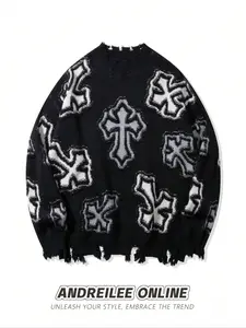 Unisex Punk Rock Style Distressed Sweater, Loose-Fit Round Neck Long Sleeve Pullover, Spring & Fall Fashion, Casual High Street Print Top