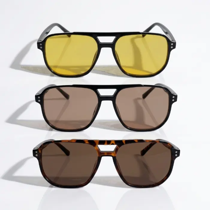 Unisex Full-Rim Rectangular Sunglasses 3-Pack - Tinted Yellow, Brown, Tortoiseshell Lenses, Trendy, Comfortable Casual Outdoor Fashion Eyewear