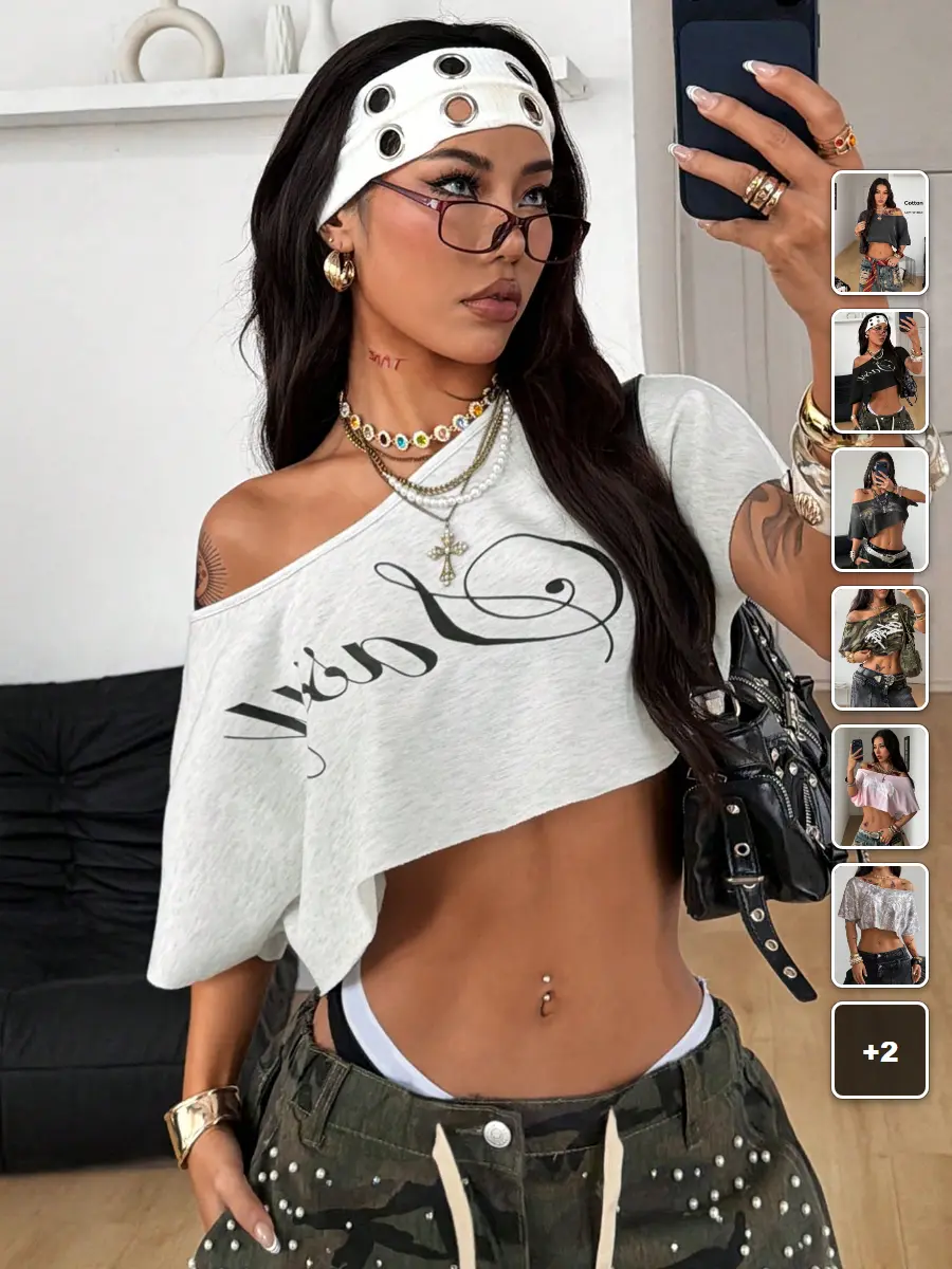 Off Shoulder Crop Top Camo Graphic Slouchy Y2K Streetwear Going Out Summer