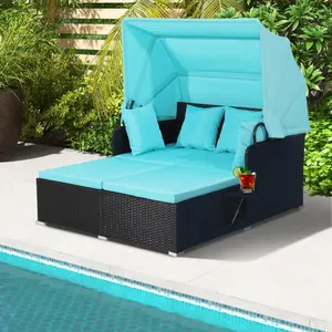 COSTWAY Outdoor Daybed, 2-Person Wicker Chaise Lounge with Retractable Canopy, Cushions & Pillows, 2 Side Trays, Patio Double Sofa PE Rattan Sunbed Lounger for Deck Poolside Garden Balcony