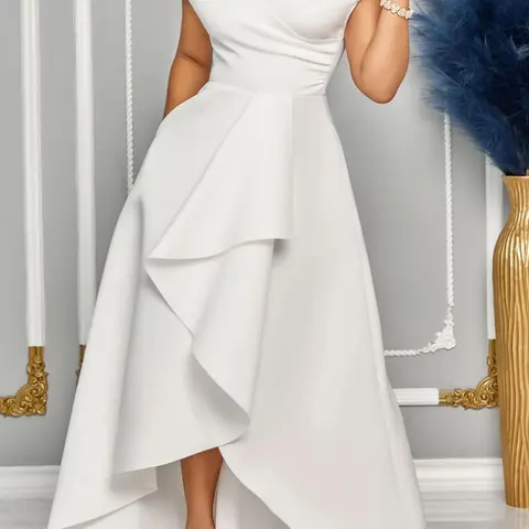 Women's Off The Shoulder Ruffle Wrap High Low Evening Dress, Elegant Evening Gown, Asymmetrical Pocket Short Sleeve A Line Dress for Evening Party, Ladies' Clothes for All Seasons, Womenswear