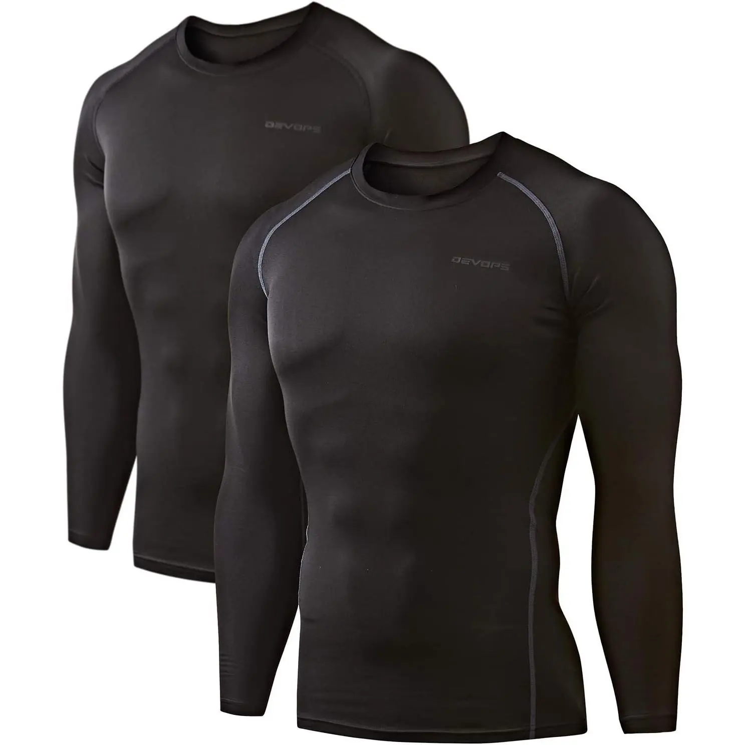 Men's 2-Pack Thermal Long Sleeve Compression Tops - Menswear, Stretch Soft Round Neck Spandex-Fleece Fabric, Ideal for Outdoor Excursions, Recreational Activities